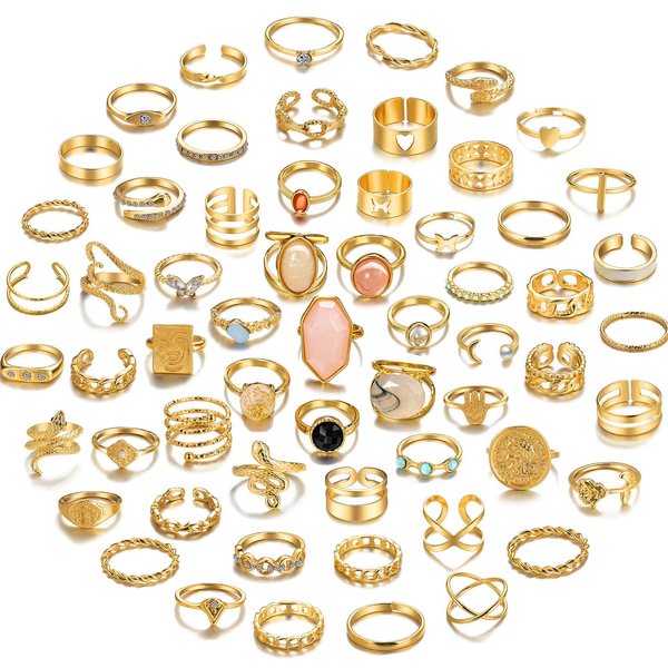 17KM 60Pcs Gold Crystal Vintage Ring Sets for Women, Boho Knuckle Stackable Midi Rings Pack, Aesthetic Grunge Finger Rings Sets for Teens Girls