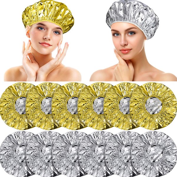 12 Pieces Deep Conditioning Caps Aluminum Foil Reusable Hair Processing Caps Hair Coloring Shower Caps for Home Salon Use (Golden, Silvery, 12 Inch)