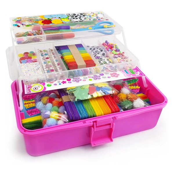 4U4EVER 3000 Kid's Arts and Crafts Supplies Girls' Ultimate Arts and Crafts Supplies Set Portable 3-Layer Plastic Art Box （Rose）