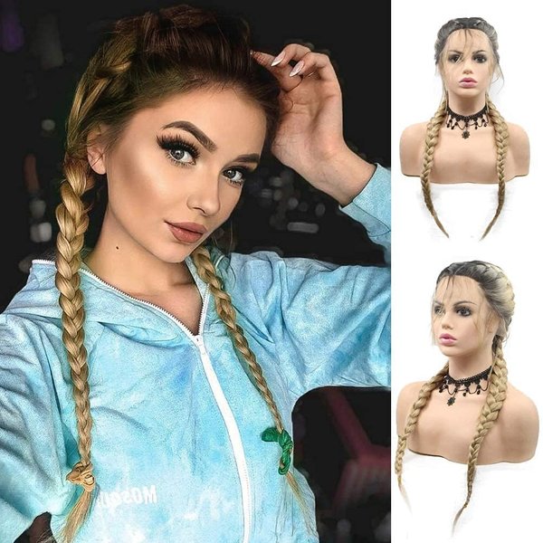 xiweiya blonde with brown root Double Braids Synthetic Lace Front Wig add Human Weaving Part with Baby Hair Wig Heat Resistant Fiber Middle Part 24 inch