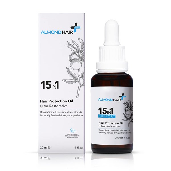 almond hair 15-in-1 Hair Oil – 1fl oz Ultra-Restorative Hair Oil Treatment with Rosemary, Almond, Coconut Oil – Vegan and Natural Ingredients – Intense Nourishment and Shine Boost Natural Hair Oil