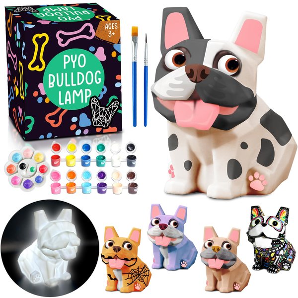 FUNZBO Paint Your Own Bull Dog Lamp - Art Painting Kit, Arts and Crafts for Kids with Art Supplies, Night Light Toys Gifts for Boys Girls Teens Age 3+ Years Old