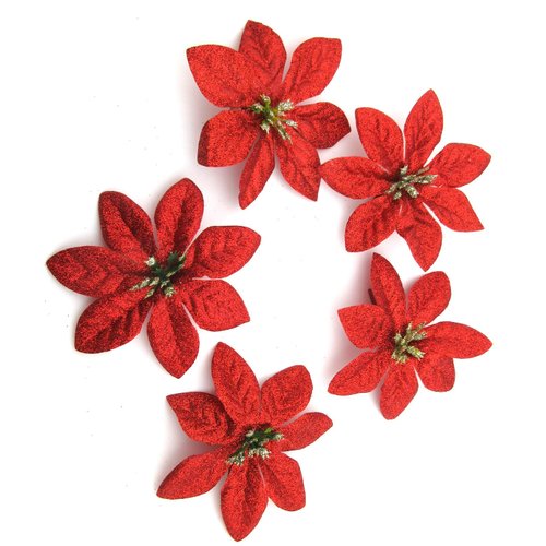 5 pc Lot 3" Red and Gold Glitter Poinsettia Silk Flower Hair Clips