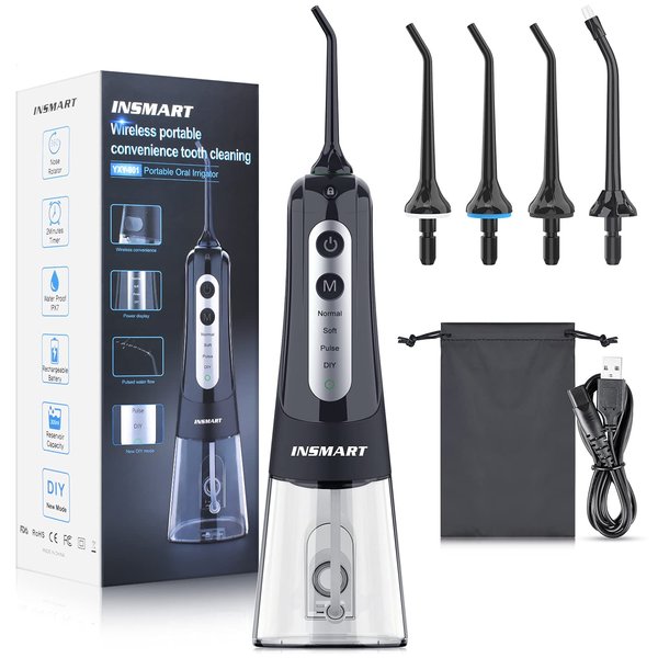 Cordless Water Dental Flosser Teeth Cleaner, INSMART Professional 300ML Tank DIY Mode USB Rechargeable Dental Oral Irrigator for Home and Travel, IPX7 Waterproof 4 Modes Irrigate for Oral Care Black