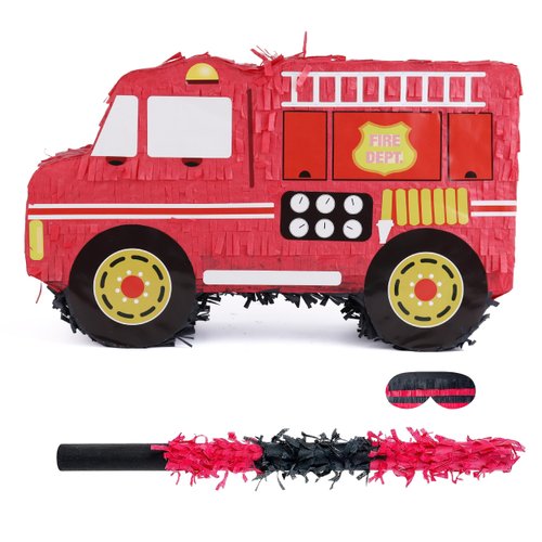 Birchio Small Fire Truck Pinata Bundle with a Blindfold and Bat(16.5x10x6 Inches), Perfect for Firetruck Birthday Decorations, Boys Birthday Party Supplies