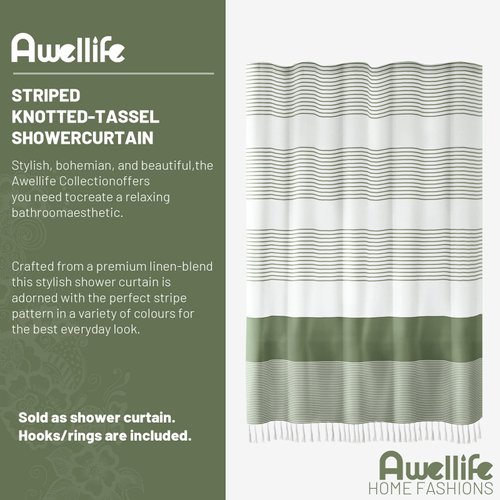 Awellife Boho Sage Green Shower Curtain for Bathroom Stripe Tassel Shower Curtain 72 X 72 Inches Farmhouse Linen