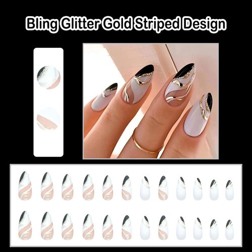 ANDGING French Tip Press on Nails Almond Short Medium White Black Fake Nails Glue on Nails with Bling Glitter Gold Striped Design Acrylic False Nails for Wedding Gel Manicure Stick on Nail with Glue