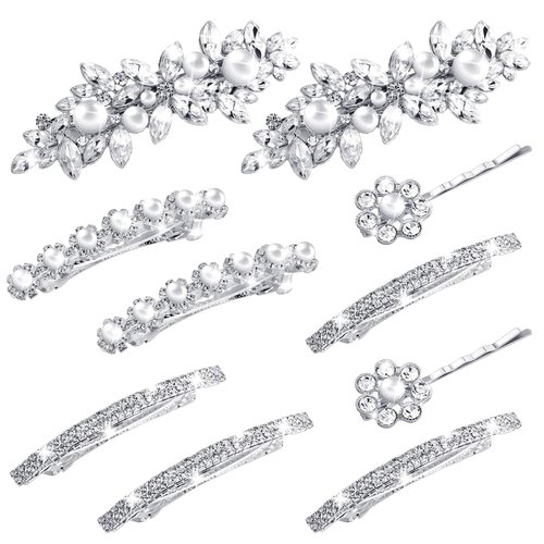Janinka 10 Pieces Rhinestone Wedding Hair Clips Bridal Hair Pins Crystal Bobby Pins Silver Hairpin Barrette Leaf Flower Wedding Elegant Hair Accessories for Bride Women and Girls (Flower Style)