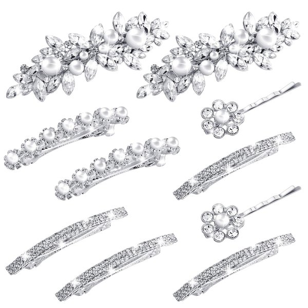 Janinka 10 Pieces Rhinestone Wedding Hair Clips Bridal Hair Pins Crystal Bobby Pins Silver Hairpin Barrette Leaf Flower Wedding Elegant Hair Accessories for Bride Women and Girls (Flower Style)