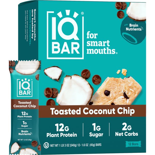 IQBAR Brain and Body Plant Protein Bars - Toasted Coconut Chip - 12 Count, Low Carb, High Fiber, Gluten Free, Vegan Snacks - Low Sugar Keto Energy Bar