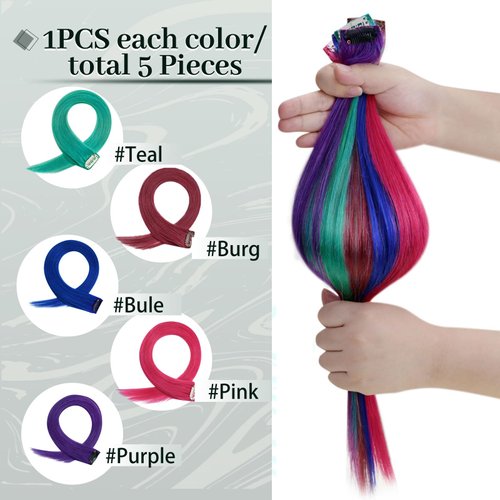 RUNATURE Multi-Colored Clip in Hair Extensions Human Hair for Women 14 Inch Rainbow Remy Hair Clip in Human Hair Extensions Mix Colored Pink,Purple,Teal,Blue,Burgundy 25g 5pcs