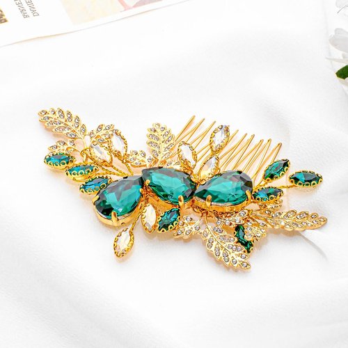 Lorealri Rhinestone Hair Comb Flower Bridal Hair Pieces Sparkle Crystal Leaf Hair Accessories Prom Wedding Side Combs for Women (Gold)