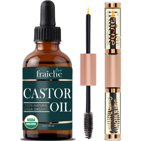 Castor Oil Organic (2oz) + FREE Filled Mascara Tube USDA Certified, 100% Pure, Cold Pressed, Hexane Free by Live Fraiche. Hair Growth Oil for Eyelashes, Eyebrows, Lash Growth Serum. Brow Treatment