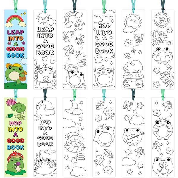 ANGOLIO 123Pcs Cute Frog Color Your Own Bookmarks for Kids Spring Frog Theme DIY Coloring Blank Bookmark Classroom Art Craft Supplies for Back to School Students Gift Party Reward Goodie Fillers