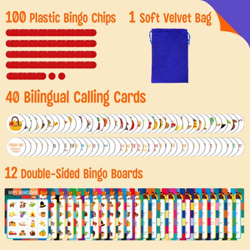 Happy Thanksgiving Bingo Game, 12PCS Bilingual English and Spanish Bingo Board Game, 12 Players Bingo Game Set for Teenager or Adults Thanksgiving Party, Fun Interesting Activity Fall Party Supplies