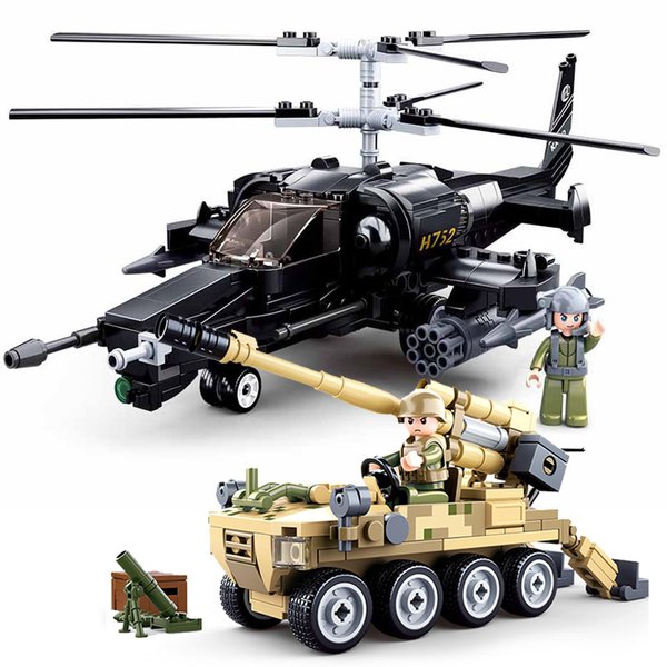hhohio KA50 Armed Helicopter, Military Brick WW2 Flak Anti-Tank Gun, Army Airplane World War 2 Toys Building Block with 2 Soldiers Figures (489 Pieces)
