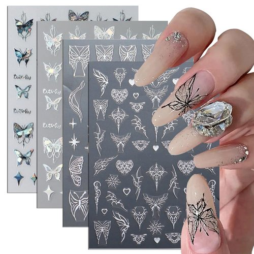 8pcs Metallic Silver Butterfly Nail Stickers 3D Laser Black Butterfly Nail Decals Aurora Butterfly Nail Art Stickers Pink Butterfly Stickers for Nails DIY Butterflies Nail Sticker Women Nail Supplies
