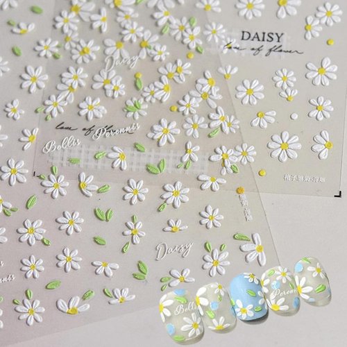 5D Embossed Flower Nail Art Stickers, 2 Sheets Self Adhesive White Daisy Nail Decals Spring Nail Art Decorations Supplies Summer Flower Nails Adhesive Sliders for Women Girls DIY Nail Salons