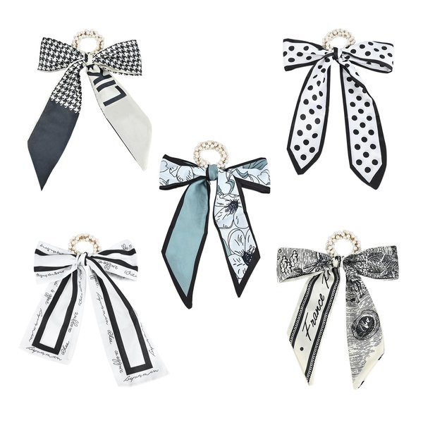 Yonchic 5Pcs Satin Silk Scrunchies, Bow Hair Tie Cute Ribbon for Hair for Girls Women, Bowknot Hair ties Hair Scarf with Bows Ponytail Holders (Black & White)