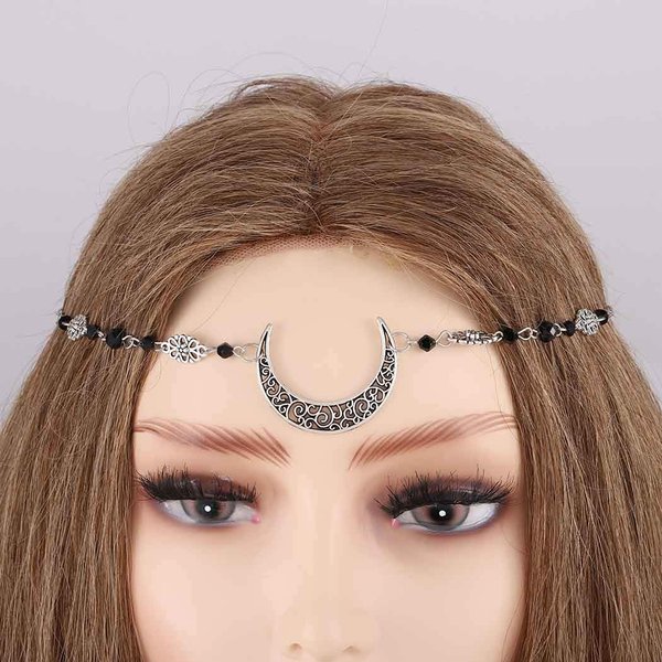Obmyec Boho Moon Head Chain Silver Crystal Headpieces Crescent Halloween Hair Chains Rhinestone Prom Headbands Festival Costume Hair Accessories Gift for Women and Teen Girls