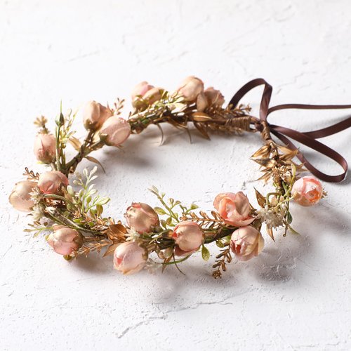 KorViSHOW Girls Fashion Flower Crown - Golden Leaf Champagne Flower Headband Fashion Elegant Floral Headpiece Romantic Hair Wreath for Women Wedding Halloween Christmas