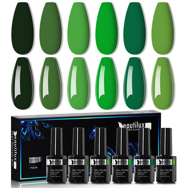 beautilux Green Gel Nail Polish, 6 Colors 10ml Green Gel Polish, Soak Off Forest Green Nail Gel Nail Art Starter Manicure Salon
