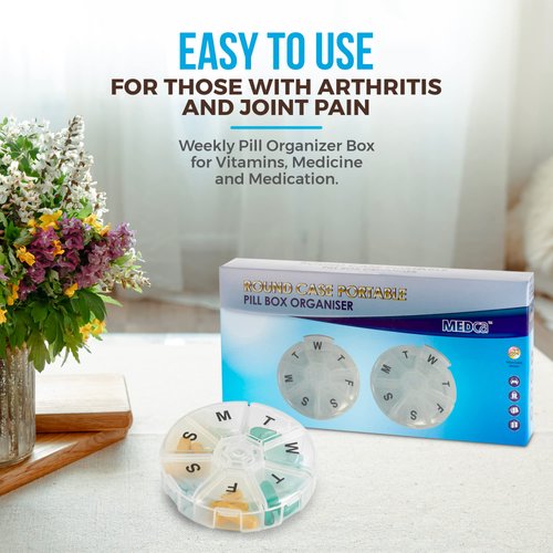 Weekly Pill Organizer - (Pack of 2) 7 Day Pills Container, Round Medicine Organizer Box, Daily Week Pill Reminder Case Travel Friendly, BPA-Free Vitamin, Supplement, Fish Oil, Medication Planner