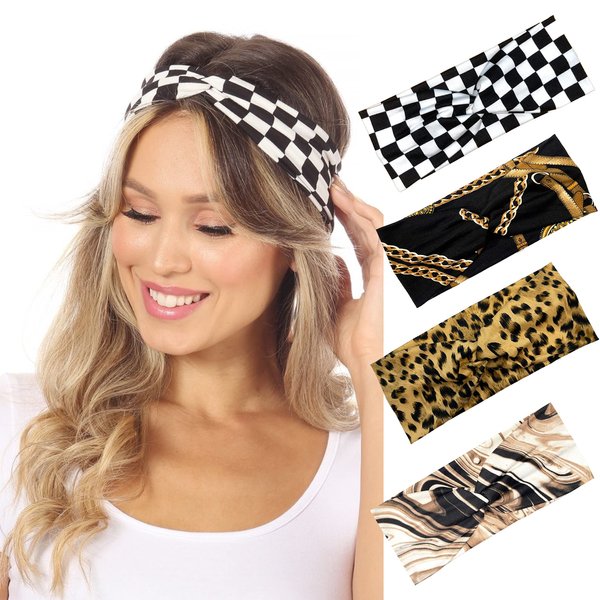 SWEETKIE Twist Front Headbands - Cute Head Wraps Perfect for Yoga, Workouts, Daywear, Happy Hour - Fashion Accessory for Women, Girls, Teens - Cheetah, STATUS, Checkered, Marble