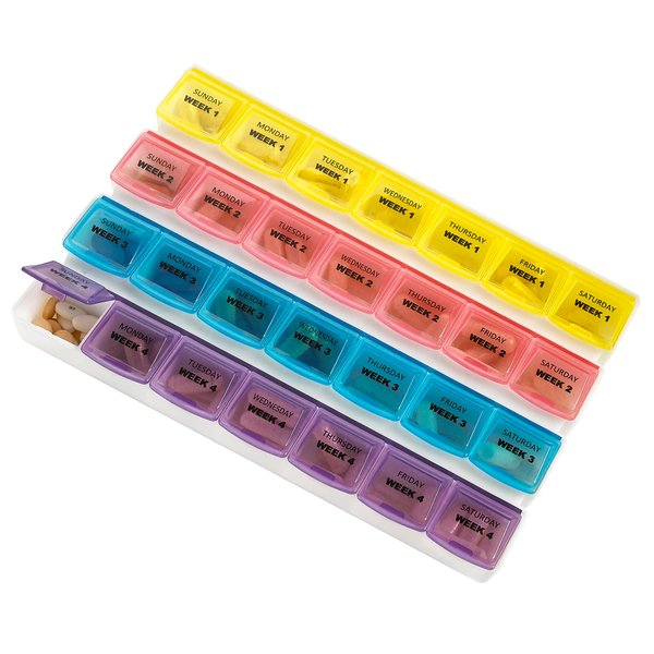 Monthly Pill Organizer - 28 Day Monthly Pill Planner to Separate Pills & Vitamins Week to Week, Travel Medication Reminder Daily Monday to Sunday Compartments