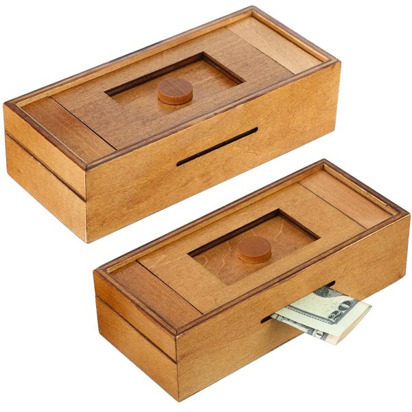 Yilloog 2 Pcs Secret Puzzle Box, Brain Teaser Wooden Money Boxes with Hidden Compartments, Gift Card Puzzle Box, Wood Case Box for Intelligence Stash Your Cash Educational Toy