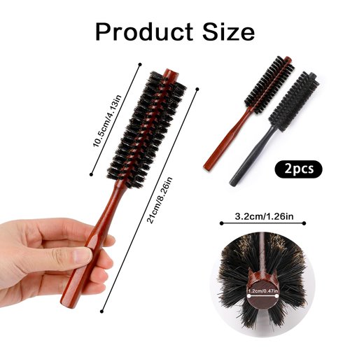 Small Rond Hair Brush, 2 Pack Natural Boar Bristle Hairbrush Mini Travel Brush with Wood Handle Portable Circle Vent Brush for Women Bangs, Thin Hair, Short Hair, Wet Hair, Restore Hair Shine