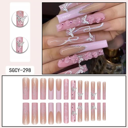 24Pcs Long Square Press on Nails Pink French Tip Fake Nails Silver Rhinestones with Flower Full Cover Tips Glue on Nails Artificial Acrylic False Nails Butterfly Charms Design for Women Nails Designs