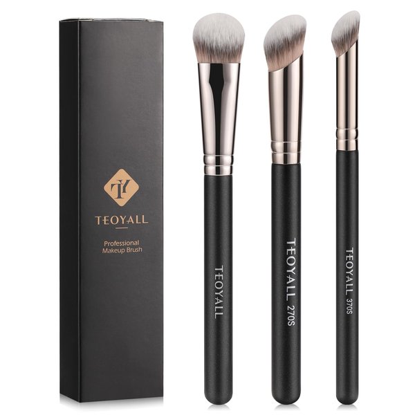TEOYALL 3 Piece Black Wood Contour Conceal Brush Set with Angled Synthetic Concealer Brush for Liquid, Cream and Powder Cosmetics