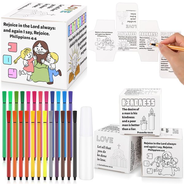 Motipuns 25 Sets Sunday School Paper Crafts 25 Bible Coloring Card Coloring Cube with 24 Watercolor Pen and 6ml Washable Liquid Glue Christian Crafts Kit for Classroom Bible Activity Party Supplies