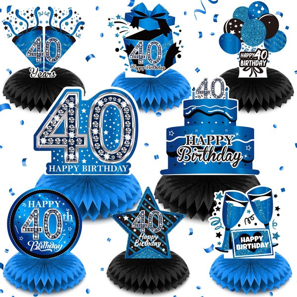 8Pcs Blue 40th Birthday Decorations Blue and Black Happy 40th Birthday Table Honeycomb Centerpieces for Table Decor 40th Birthday Table Topper for Men Women 40th Birthday Anniversary Party Supplies