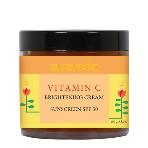 Auravedic Vitamin C Face Cream with SPF 50 | Reduces Sun Damage & Revives Dull Skin | Organic Hydration | Argan & Avocado Oil Infused Sunscreen Moisturizer | 3.53 Oz (100g)