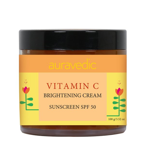 Auravedic Vitamin C Face Cream with SPF 50 | Reduces Sun Damage & Revives Dull Skin | Organic Hydration | Argan & Avocado Oil Infused Sunscreen Moisturizer | 3.53 Oz (100g)
