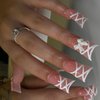 Press on Nails Duck Shape 24Pcs Glossy Full Cover Acrylic Medium Pink False Nails with Bow Designs Artificial Reusable Fake Nails with Charm Glue ons Nails Stick on Fingernails for Women Girls