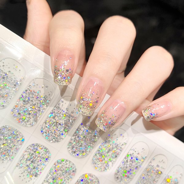 LIFOOST Semi Cured Gel Nail Strips Glitter Sequins Nail Stickers Transparent Full Nail Wraps for Women Nail Art Design