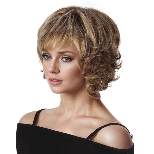 SENHORAS Brown Ombre Blonde Wig Short Hair Wigs for Women Natural Wavy Dark Brown Mix Blonde Synthetic Wig Costume Cosplay