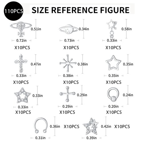 PREMIUM 110PCS Nail Charms, Silver Nail Charms for Acrylic Nails,Silver Star Planet Cross Alloy Nail Art Decoration, Manicure Craft DIY, Y2k Nail Charms Jewels Accessories for Nail Art Supplies