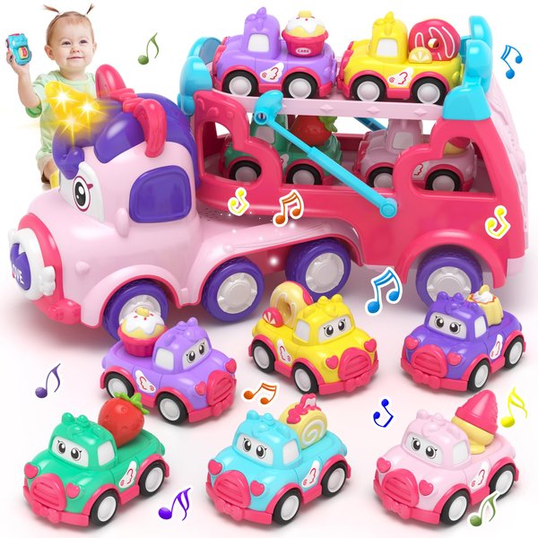 newcrave 7 in 1 Carrier Toddlers Girl Toys, Truck Car Toys for 1 2 3 Year Old Girl, Toddler Girl Toys Age 1 2 3, Girl Toys Truck with Light & Music, 1 2 3 Year Old Birthday Gifts Christmas