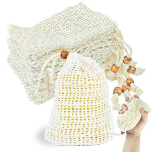 SHEHARUHI 8 PCS Beige Soap Saver Bag Natural Sisal Soap Bag Pouch for Foaming and Drying Soap Holder for Shower Exfoliating Mesh Soap Bag