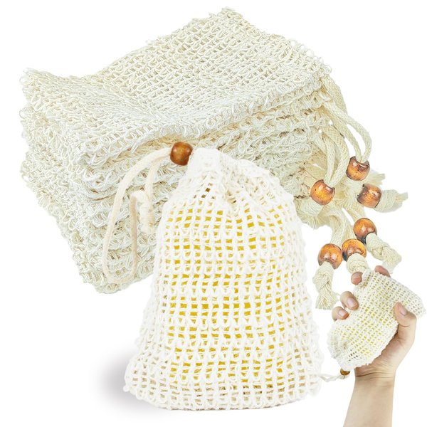SHEHARUHI 8 PCS Beige Soap Saver Bag Natural Sisal Soap Bag Pouch for Foaming and Drying Soap Holder for Shower Exfoliating Mesh Soap Bag