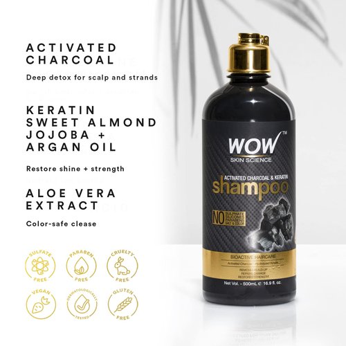 WOW Skin Science Activated Charcoal & Keratin Shampoo - Full Scalp Detox Cleanse - Restore Dry, Damaged Strands For Soft, Smooth, Shiny Hair- Sulfate & Paraben Free - All Hair Types, Adults & Children - 500 mL