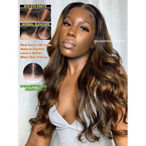 Sunber Ombre Highlight #FB30 7x5 Lace Front Glueless Human Hair Wig Balayage Wavy Pre Everything Put On Go Pre Bleached Invisible Knots 16Inch Piano Chocolate Brown 180% Density Body Wave Frontal Wigs