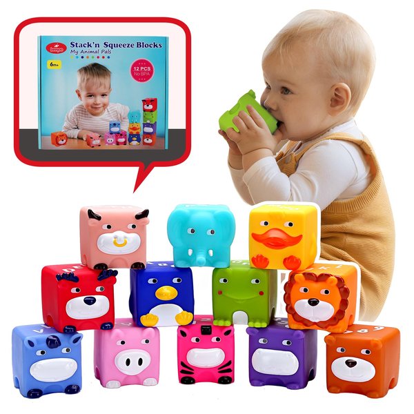 beeqoo Soft Baby Blocks – Stacking & Building Toys for Babies and Toddlers – 12 No Hole Squeeze Animals Blocks – Sensory Teething Toys for Infant 6 Months+