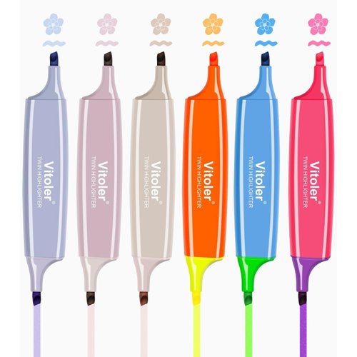 Vitoler 6 Pcs Highlighters Aesthetic Bible Highlighters,12 Assorted Colors Pastel Highlighters, 2 in 1 Dual Tip Bible Highlighters No Bleed,Chisel Tip Marker Pens for School Office Supplies