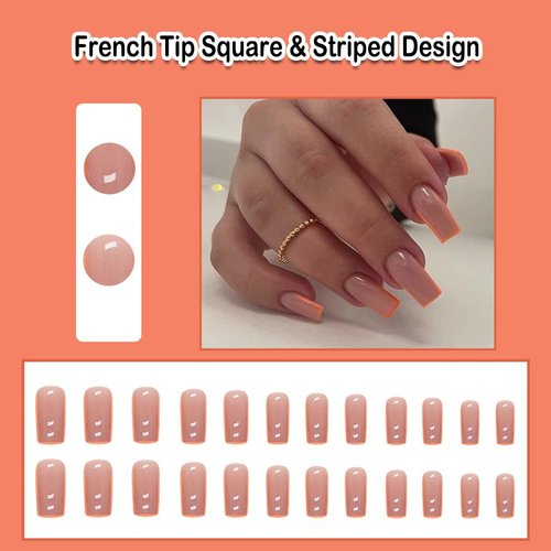 ANDGING French Tip Press on Nails Pink Square Medium Long Orange Fake Nails Gel Glue on Nails with Striped Design Coffin Stick on Nail for Wedding Manicure Women Acrylic False Nails with Glue CA8AL6
