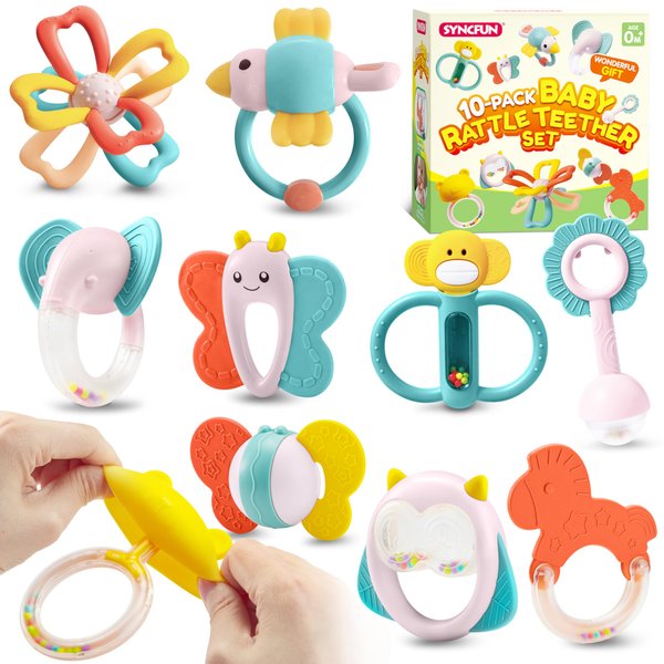 SYNCFUN Baby Toys 0-6 Months, 10 Pack Baby Teething Toys, Infant Baby Toys 6-12 Months, Rattles Teethers Toys for Baby 0-3-6-12 Months, Newborn Baby Boy Girl Gifts
